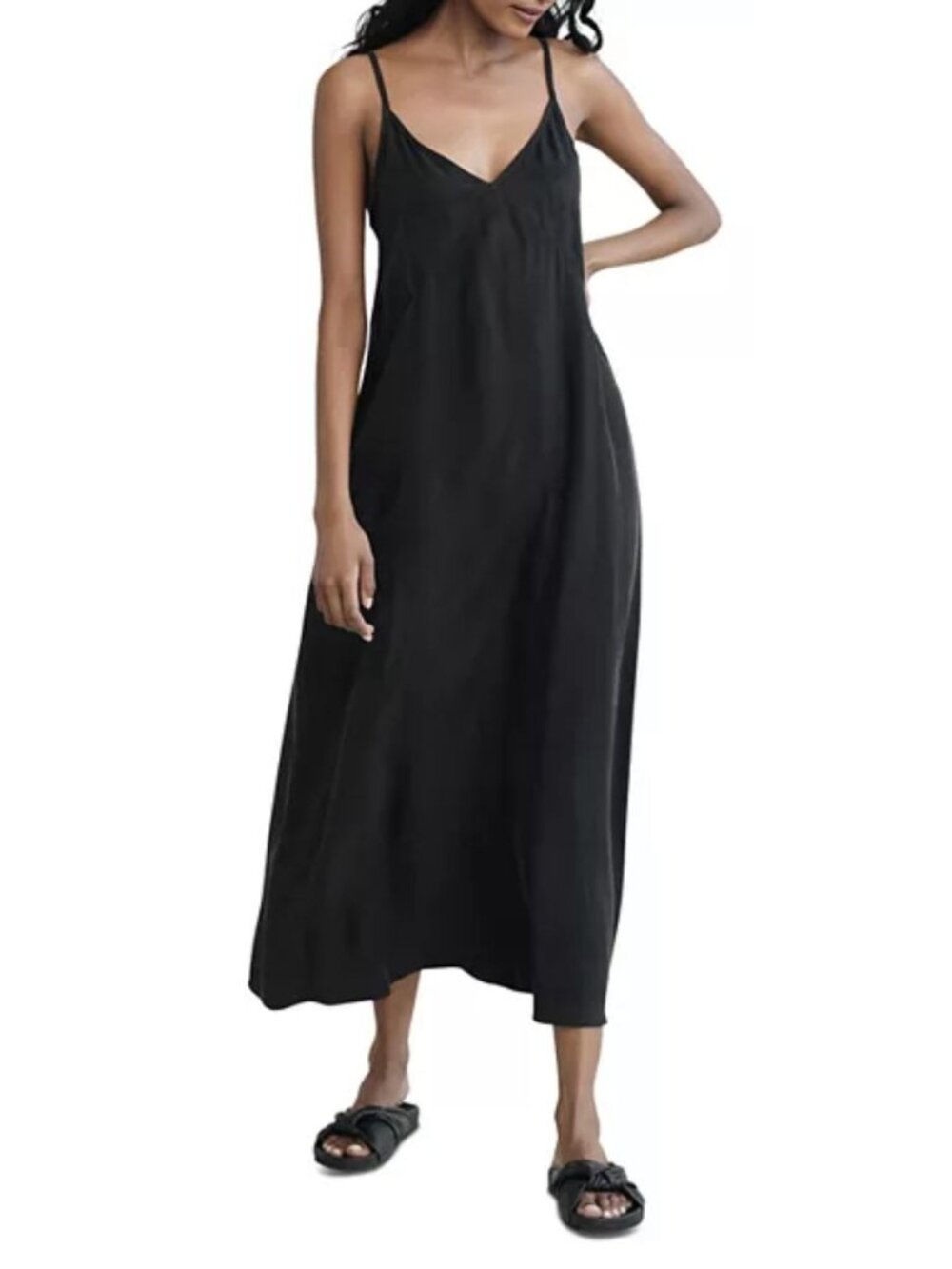 Jenni Kayne Midi Sleeveless Riviera Slip Dress Black Silk V neck Size S [jb]